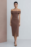 Off The Shoulder Brown Satin Sheath Midi Work Dress with Slit