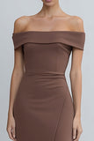 Off The Shoulder Brown Satin Sheath Midi Work Dress with Slit
