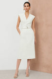 Sheath Ivory V-Neck Midi Work Dress with Belt