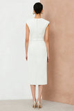 Sheath Ivory V-Neck Midi Work Dress with Belt
