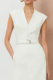 Sheath Ivory V-Neck Midi Work Dress with Belt
