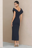 Navy Sheath V-Neck Midi Work Dress with Slit