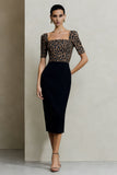 Sheath Black and Brown Leopard Short Sleeve Midi Work Dress
