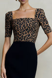 Sheath Black and Brown Leopard Short Sleeve Midi Work Dress