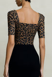 Sheath Black and Brown Leopard Short Sleeve Midi Work Dress