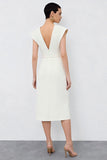 Ivory Sheath V-Neck Midi Work Dress with Belt