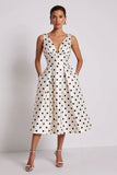 White Black Dots A-Line V-Neck Midi Work Dress with Pockets