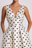 White Black Dots A-Line V-Neck Midi Work Dress with Pockets