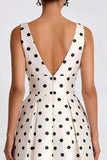 White Black Dots A-Line V-Neck Midi Work Dress with Pockets