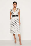 White Black Dots V-Neck Sheath Midi Work Dress with Belt