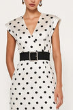 White Black Dots V-Neck Sheath Midi Work Dress with Belt