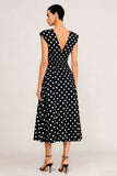 Simple Black White Dot A-Line V-Neck Midi Work Dress