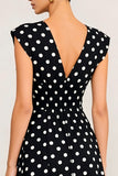 Simple Black White Dot A-Line V-Neck Midi Work Dress
