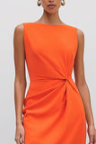 Orange Satin Bateau Neck Sheath Ruched Midi Work Dress with Slit