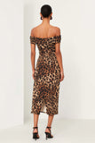 Brown Leopard Off The Shoulder Sheath Work Dress with Back Slit