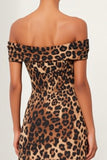 Brown Leopard Off The Shoulder Sheath Work Dress with Back Slit