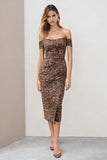 Brown Leopard Off The Shoulder Bodycon Midi Work Dress with Back Slit