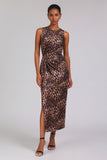 Brown Leopard Boat Neck Sheath Ruched Work Dress with Slit