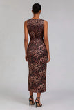 Brown Leopard Boat Neck Sheath Ruched Work Dress with Slit