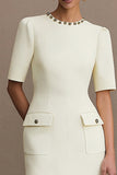 Ivory Satin Round Neck Bodycon Short Work Dress with Pockets