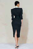 Navy White Dot Peak Lapel Bodycon Midi Work Dress with Rhinestone Belt