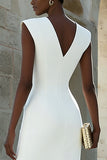 Ivory Satin V-Neck Bodycon Single Breasted Midi Work Dress