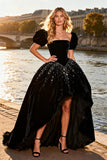 Black Velvet High-Low Sequin Princess Ball Dress with Puff Sleeves