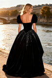 Black Velvet High-Low Sequin Princess Ball Dress with Puff Sleeves