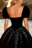 Black Velvet High-Low Sequin Princess Ball Dress with Puff Sleeves