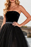 Strapless Black A Line Tulle High-Low Ball Dress