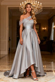 Grey A Line Satin High-Low Long Ball Dress with Beading