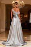 Grey A Line Satin High-Low Long Ball Dress with Beading