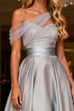 Grey A Line Satin High-Low Long Ball Dress with Beading