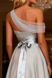 Grey A Line Satin High-Low Long Ball Dress with Beading