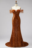 Bronze Off the Shoulder Mermaid Sequins V-Neck Ball Dress with Sweep Train