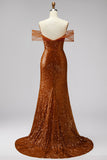 Bronze Off the Shoulder Mermaid Sequins V-Neck Ball Dress with Sweep Train