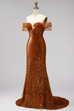 Bronze Off the Shoulder Mermaid Sequins V-Neck Ball Dress with Sweep Train