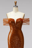 Bronze Off the Shoulder Mermaid Sequins V-Neck Ball Dress with Sweep Train
