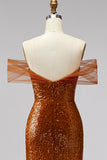 Bronze Off the Shoulder Mermaid Sequins V-Neck Ball Dress with Sweep Train