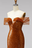 Bronze Off the Shoulder Mermaid Sequins V-Neck Ball Dress with Sweep Train