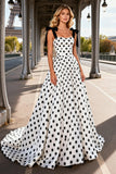 Black and White Polka Dot Satin A Line Long Ball Dress