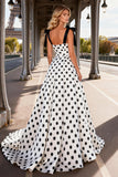 Black and White Polka Dot Satin A Line Long Ball Dress