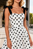 Black and White Polka Dot Satin A Line Long Ball Dress