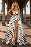 Polka Dot Black and White A Line V Neck Satin Long Ball Dress with Slit