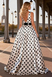 Polka Dot Black and White A Line V Neck Satin Long Ball Dress with Slit