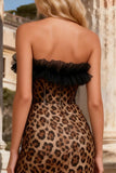 Strapless Khaki Ruffled Leopard Long Ball Dress with Slit