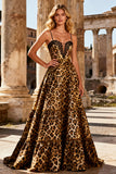 Khaki Leopard A Line Spaghetti Straps Long Ball Dress