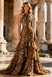 Halter Mermaid Khaki Leopard Ruffled Backless Long Ball Dress