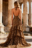 Halter Mermaid Khaki Leopard Ruffled Backless Long Ball Dress