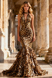 Mermaid Khaki Leopard Halter Open Back Long Ball Dress